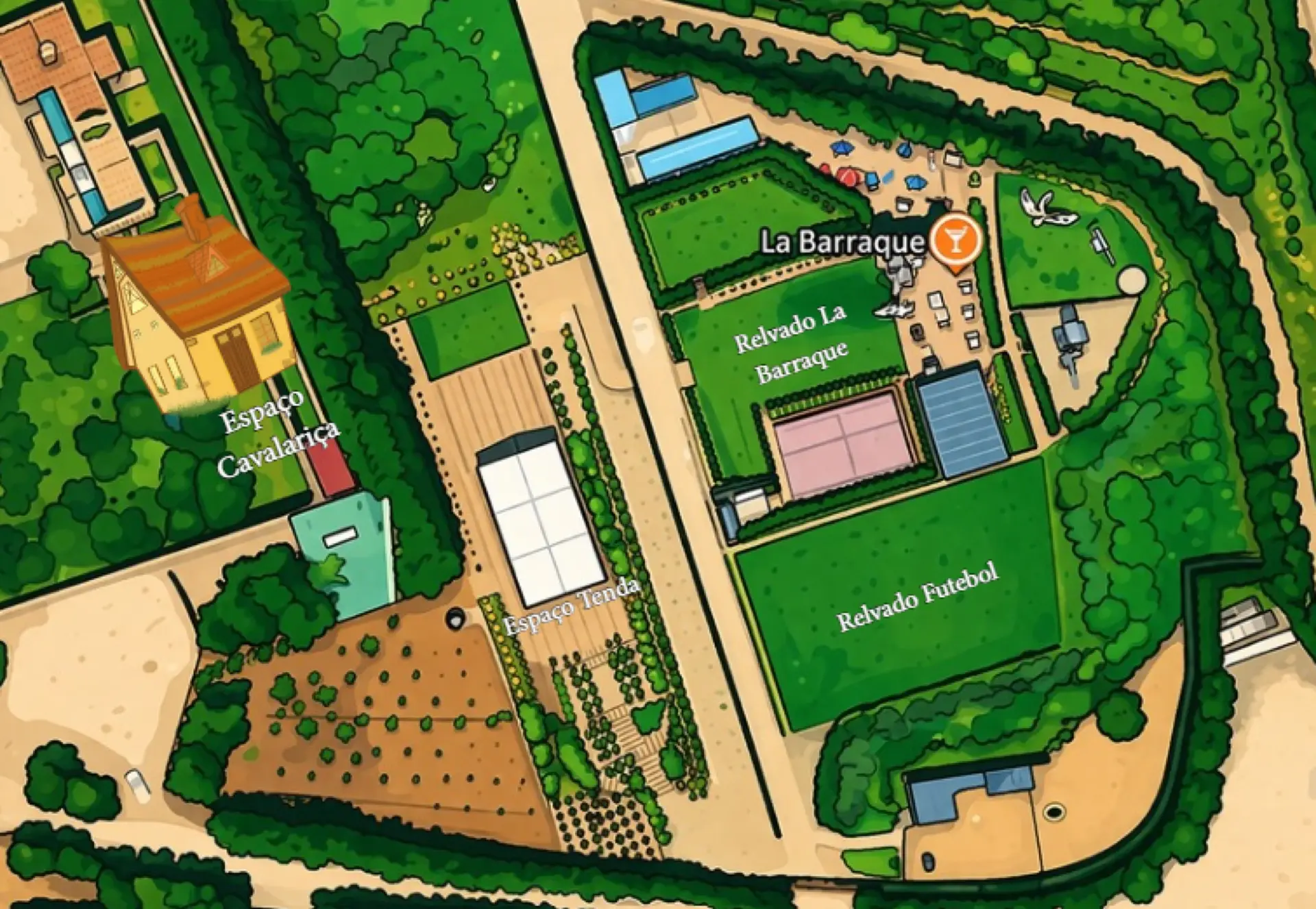 Mapa ilustrado do La Barraque com a Cavalariça, a Tenda, o bar e os relvados